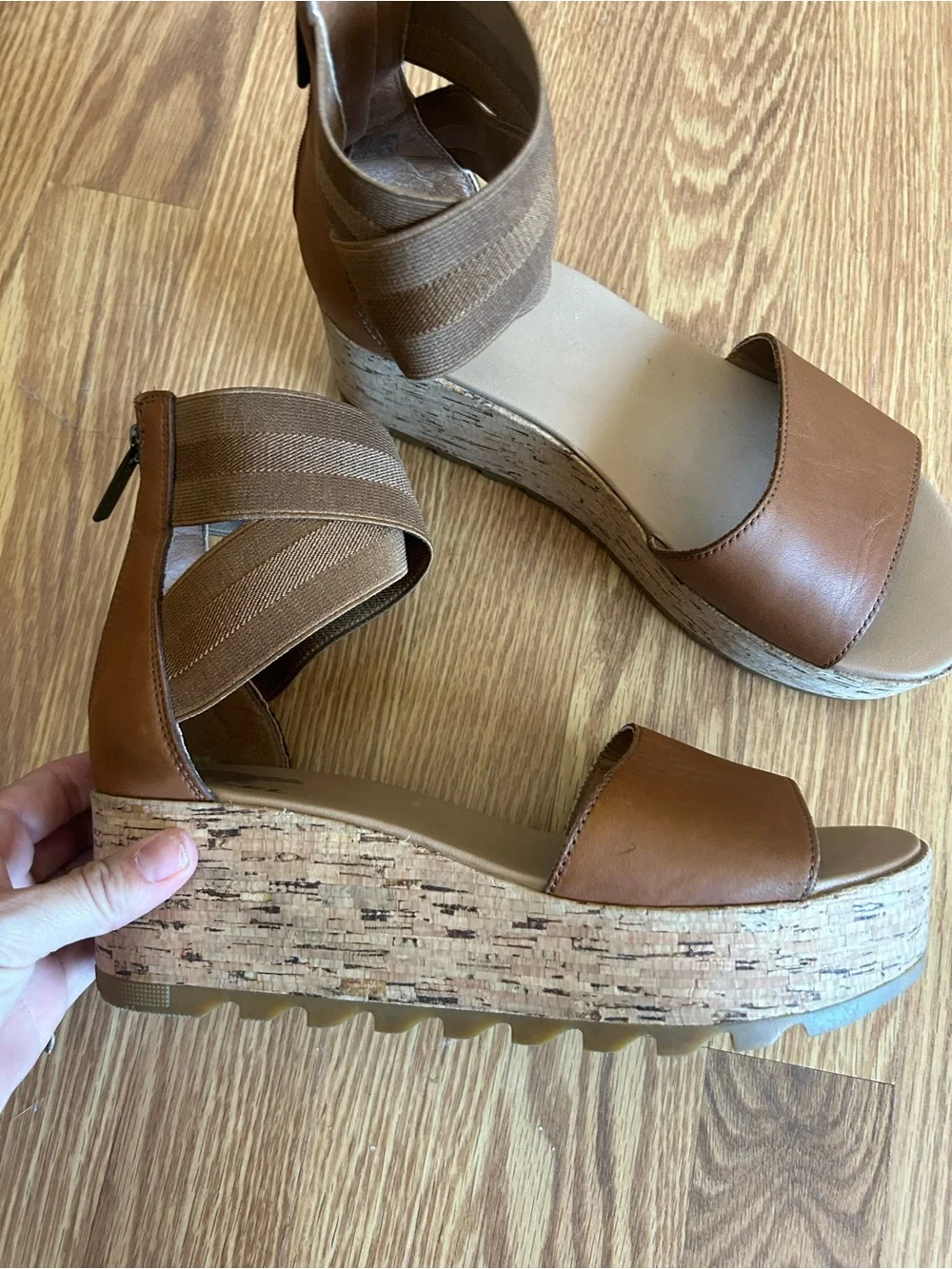Sorel Cameron Brown Cork Wedge Sandals with Elastic Ankle Straps